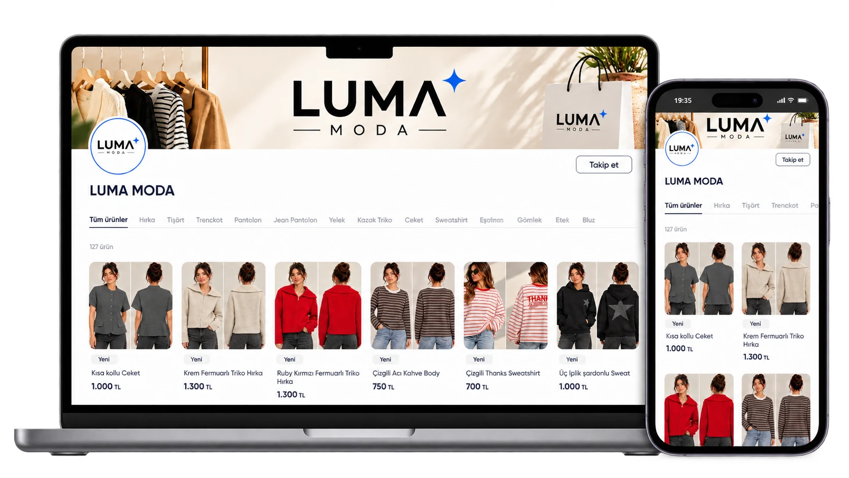 Luma Moda isimli örnek Shopier mağazasının masaüstü ve mobil ürün listeleme görünümü